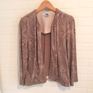 Vintage Formal Cardigan Fairy Bolero Slinky knit Sequin Paisley Taupe Silver L